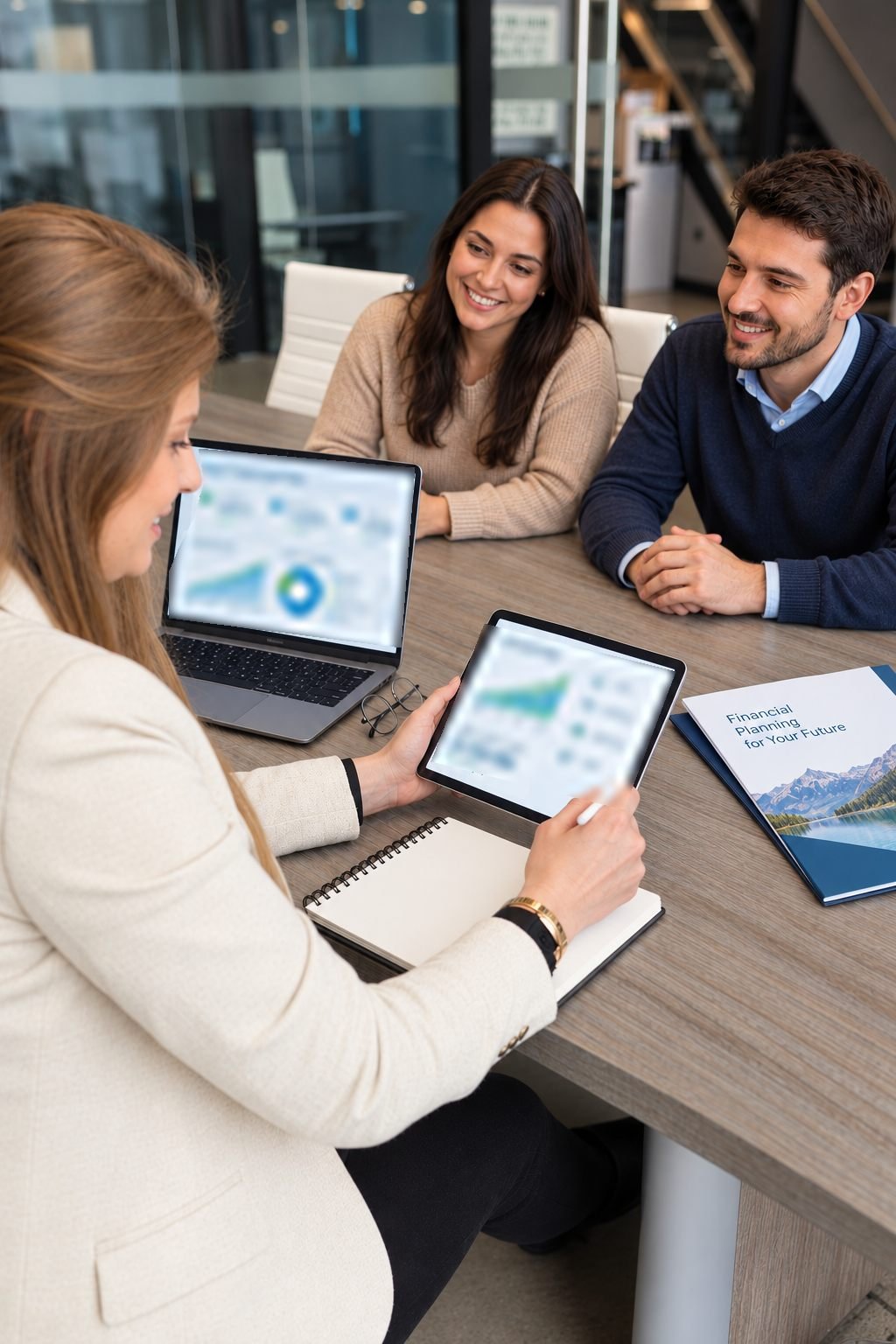 An advisor reviewing a financial plan with a couple at a meeting table